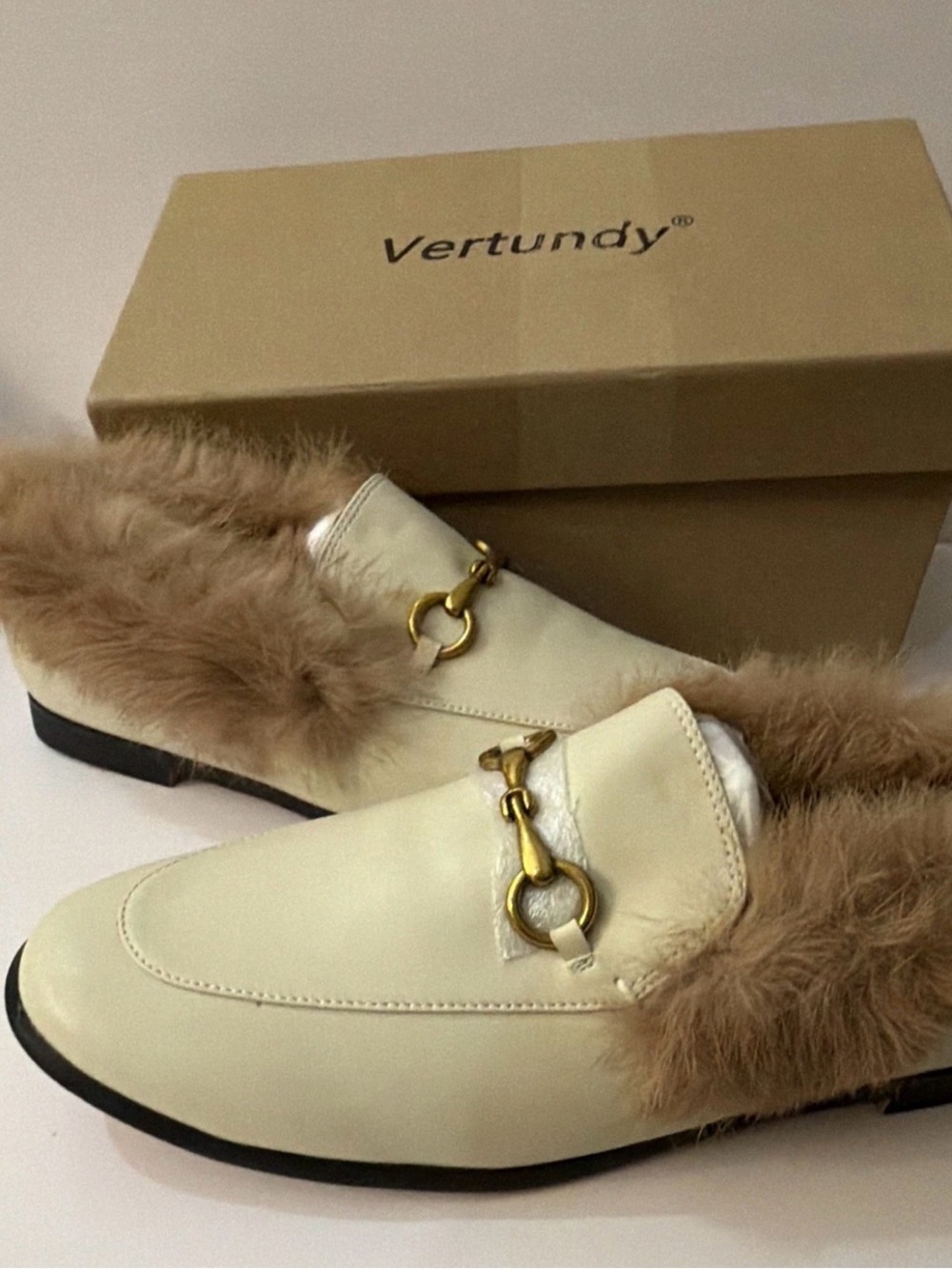Cream Fur-Trim Slip-On Mules with Gold Bit